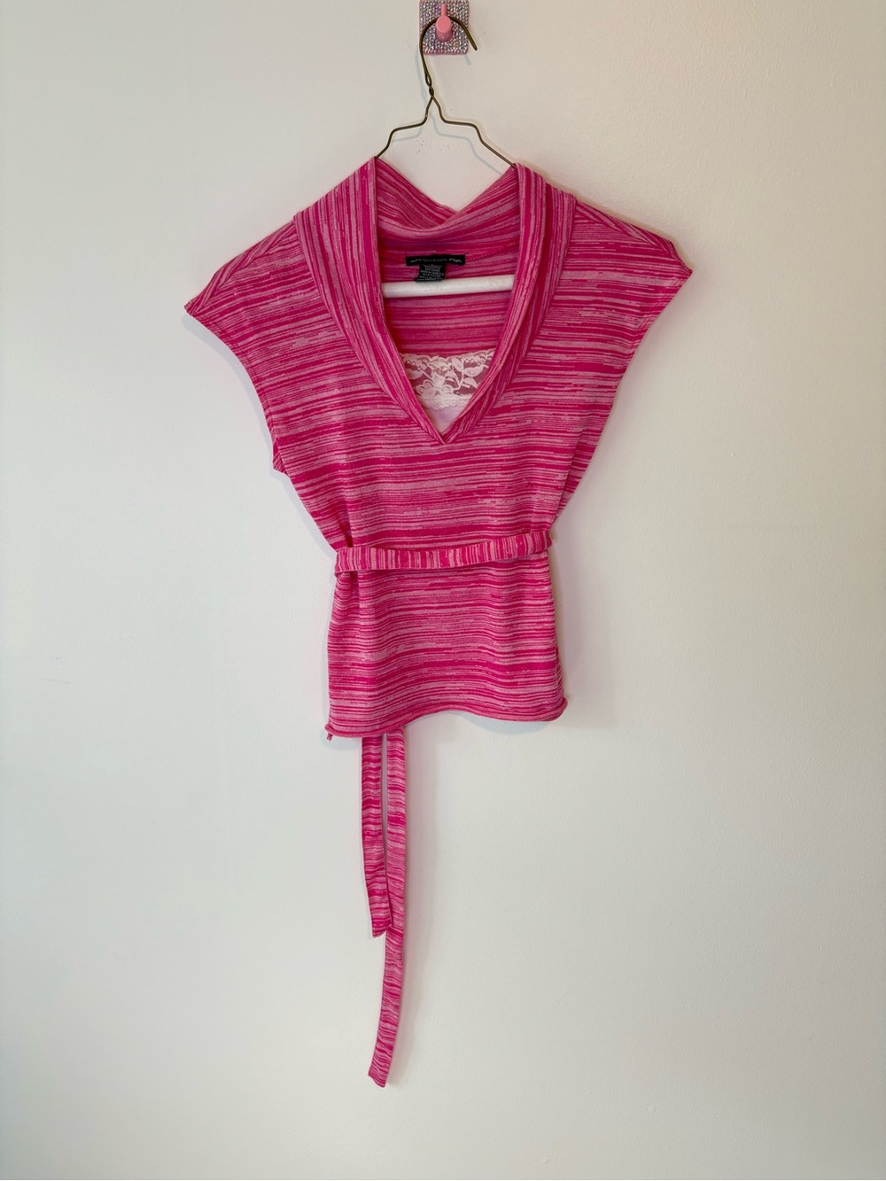 Women's Pink Striped Y2K Tie-Waist Top